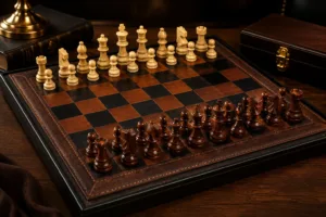 رقعة الملوك ♟ طقم شطرنج فاخر من الجلد المزدوج والخشب — الدفع عند الاستلام